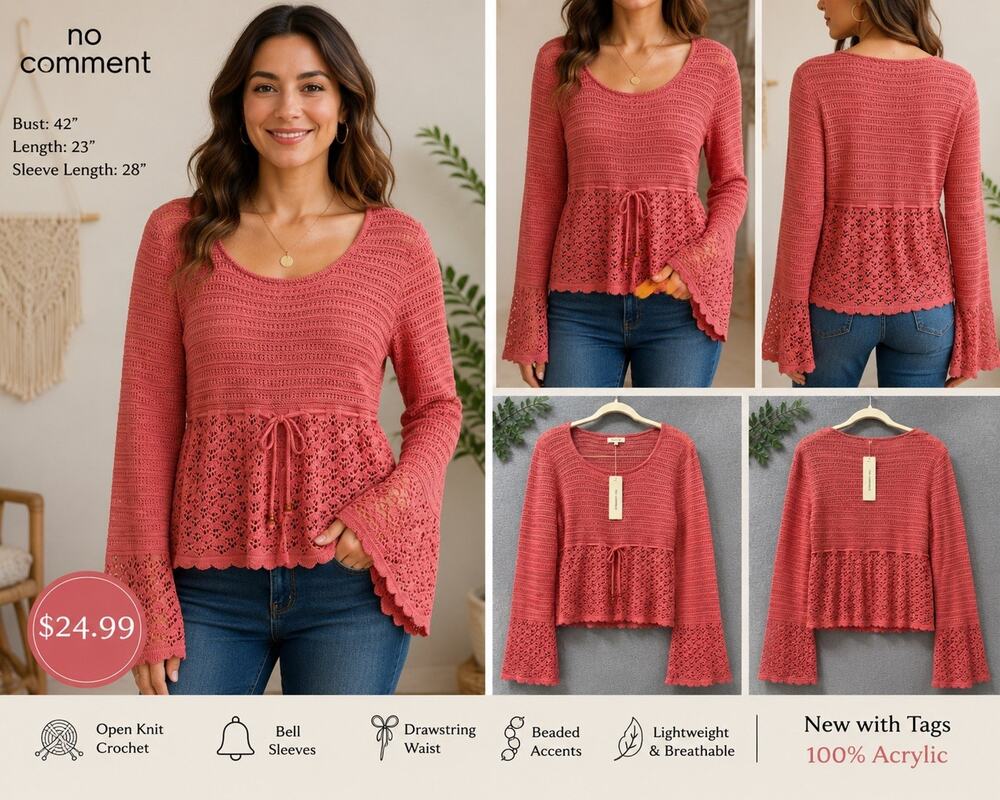 No Comment Rose Open-Knit Scoop Neck Drawstring Bell Sleeve Sweater L Acrylic